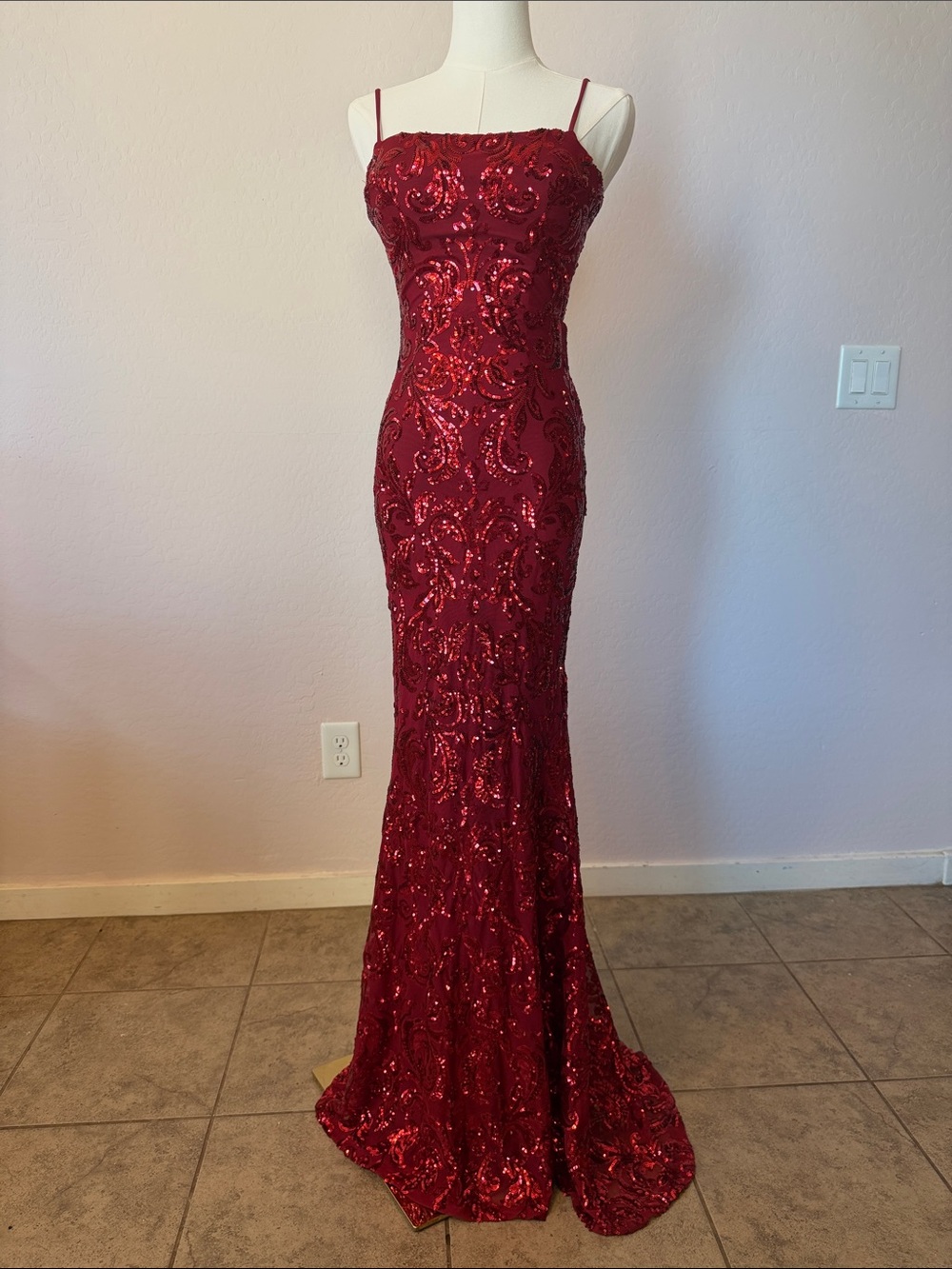 Windsor Red Sequin Spaghetti-Strap Prom Gown